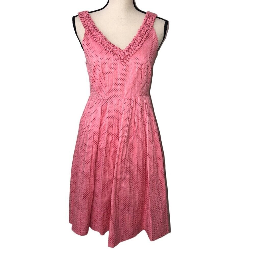 Wedding Guest Dress Size 0 Pink Black Polka Dot Fit Flare Sleeveless Anthro